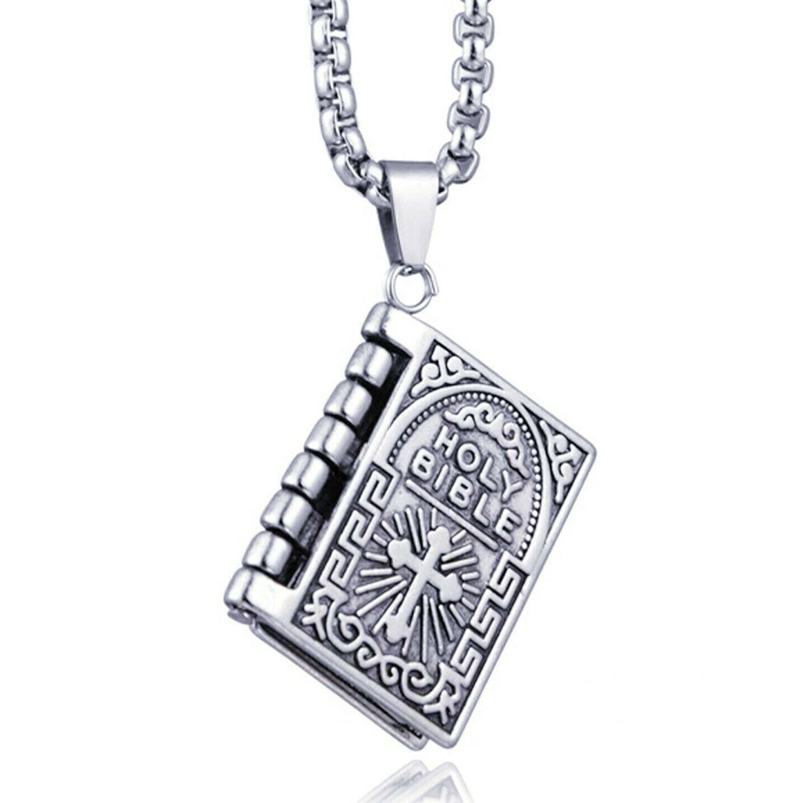 925 Sterling Silver Lord’s Prayer Holy Bible Open Pages Locket Pendant Necklace