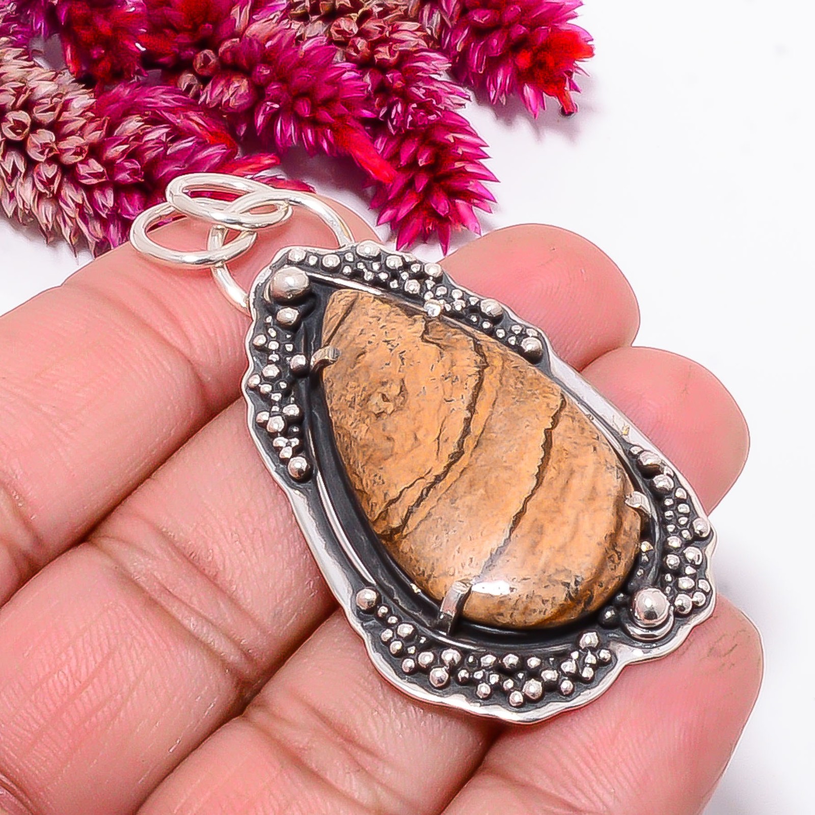 Picture Jasper Oxidised 925 Sterling Silver Pendant 2.34″ Sk2, Christmas Gift