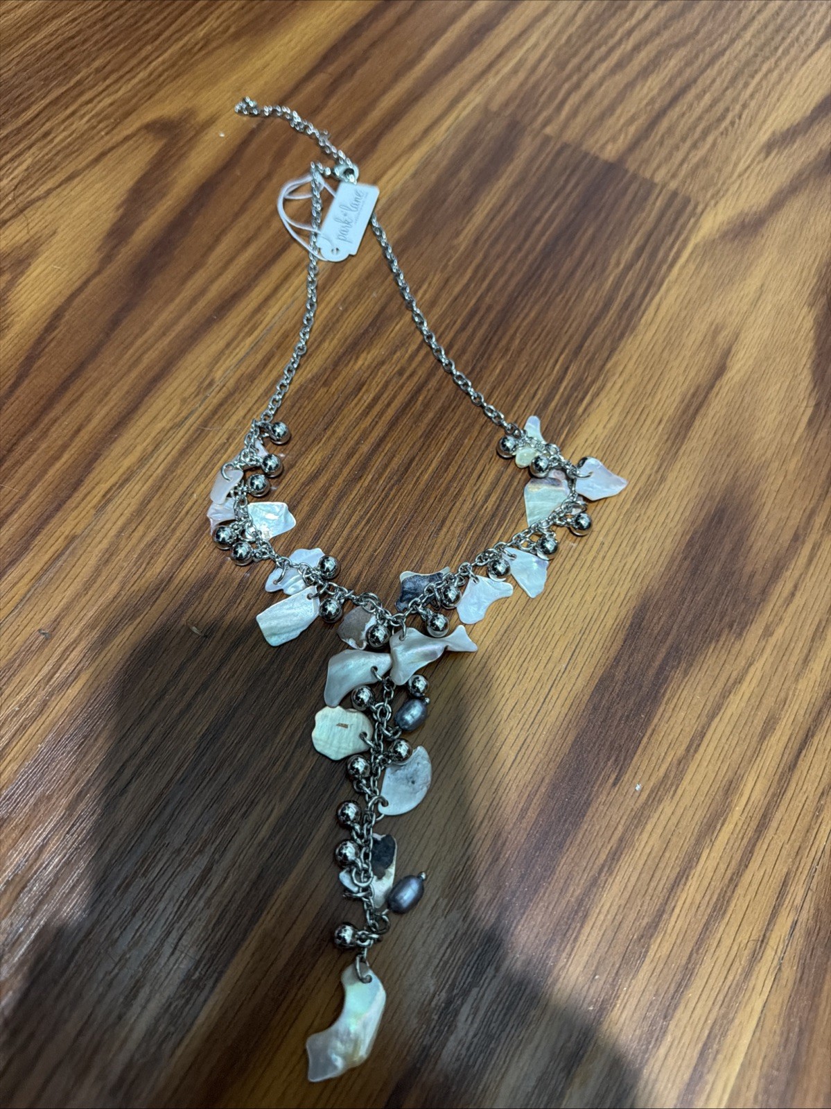 Park Lane “Pebble Beach” Y-Drop Necklace Silver Tone Iridescent Oyster Shell