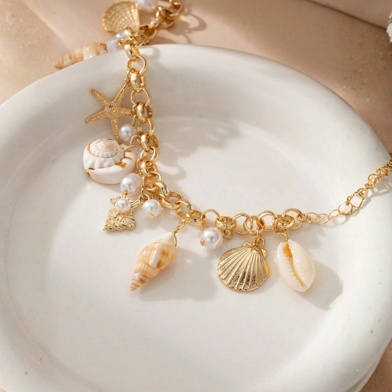 Starfish Seashell Pearls Bracelet Nautical Statement Jewelry Beach Charms Women