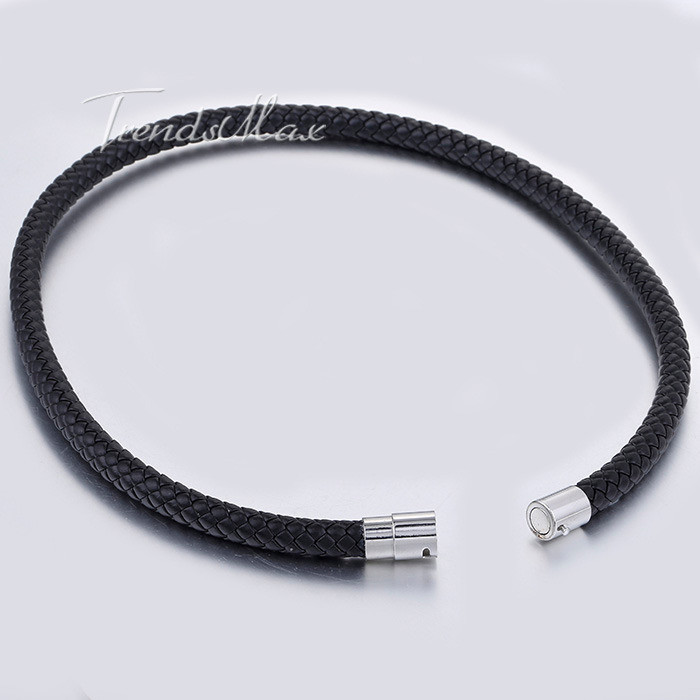 4/6/8mm Black Rope Leather Cord Necklace Stainless Steel Magnetic Clasp 16″-24″