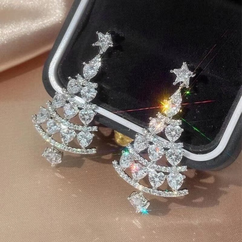 2025 Xmas 925 Silver Crystal Christmas Tree Earrings Drop Dangle Women Jewelry