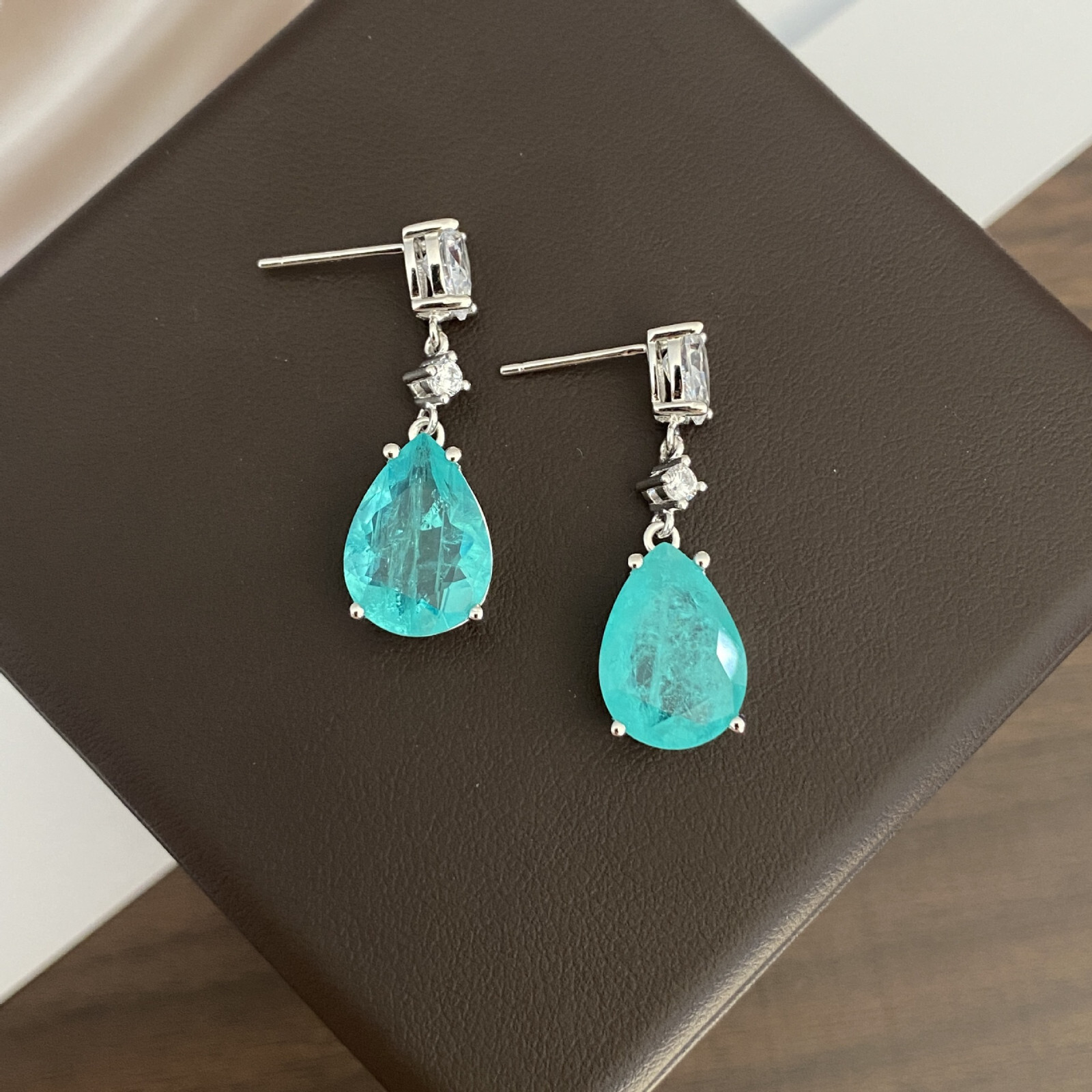 New Christmas Jewelry Paraiba Blue Tourmaline Gems Women Charm Silver Earrings