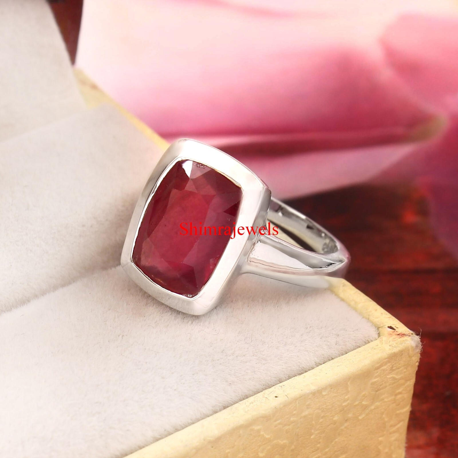 Heated Ruby Gemstone With 18k White Gold Plated Silver Women’s Ring #1197