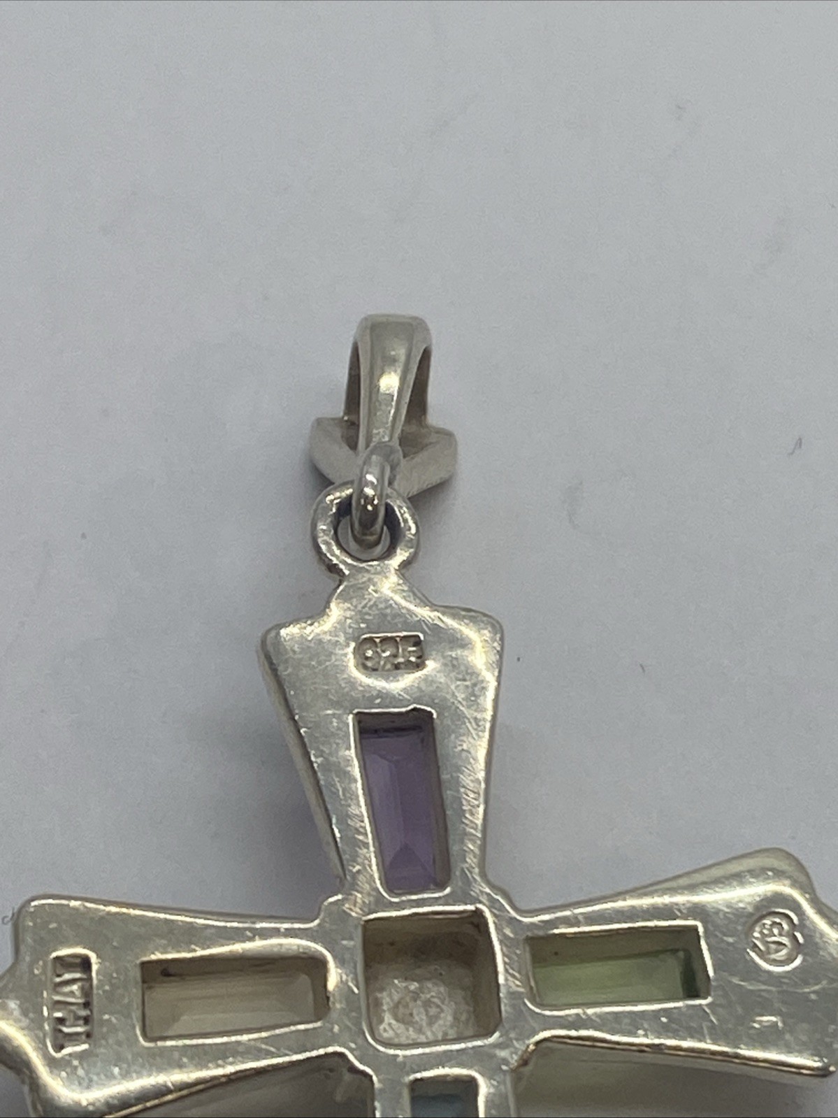 Marcasite Sterling Silver Cross Pendant with Multi Color Baguettes signed SA