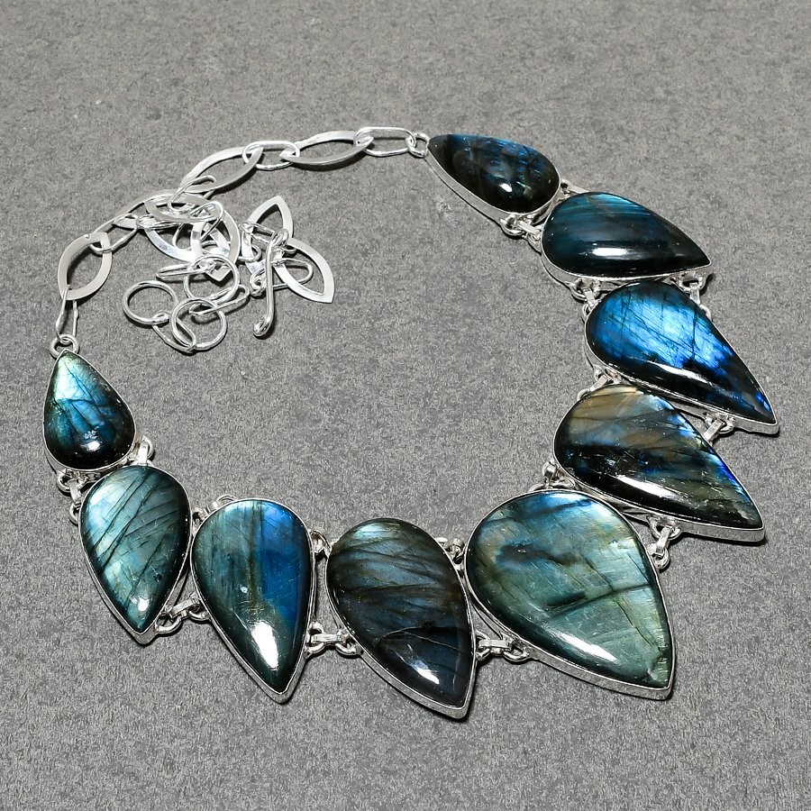 Blue Fire Labradorite Pear Shape Gemstone Necklace Handmade Jewelry 18″ DN 6769
