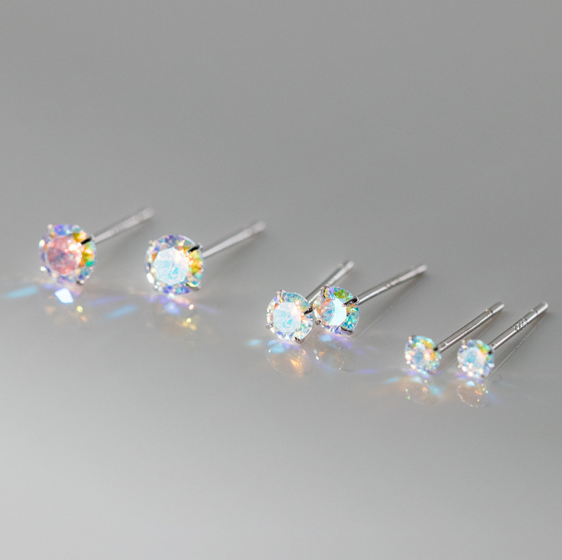 S925 Sterling Silver Tiny AB Crystal Round Girl Women Stud Post Earrings 3/4/5mm