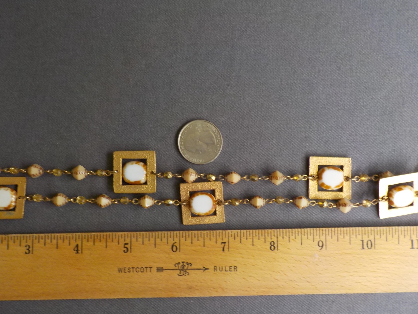 Seasonal Whispers Square Necklace Gold Tone Metal Glass Plastic Bead Linked