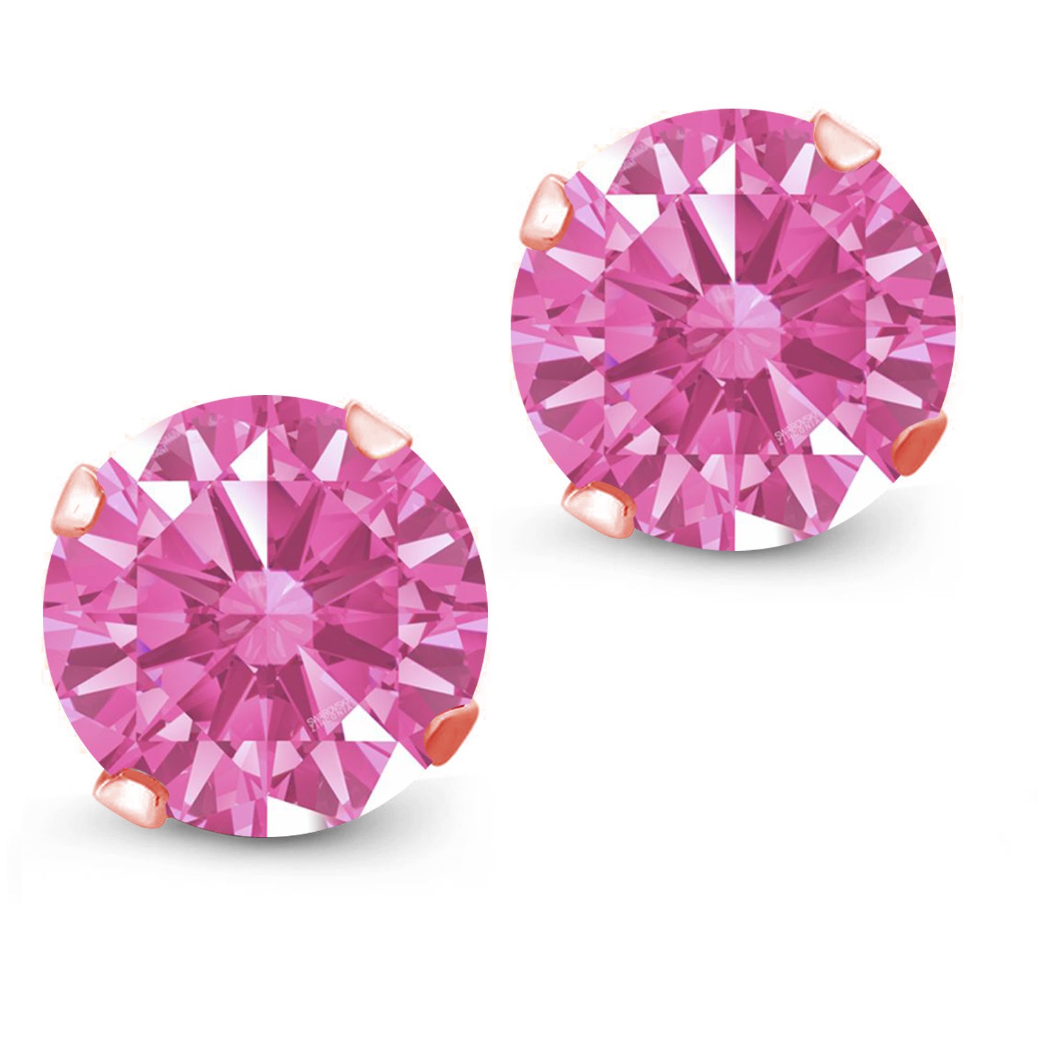 18K Rose Gold Plated Silver Stud Earrings Set with Round Pink Zirconia