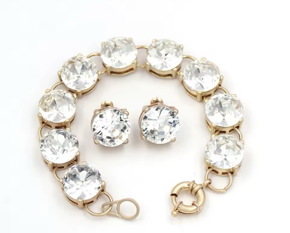 Bracelet Earrings 15mm Clear Crystal SET 2 Pieces Gold Bling Statement NEW
