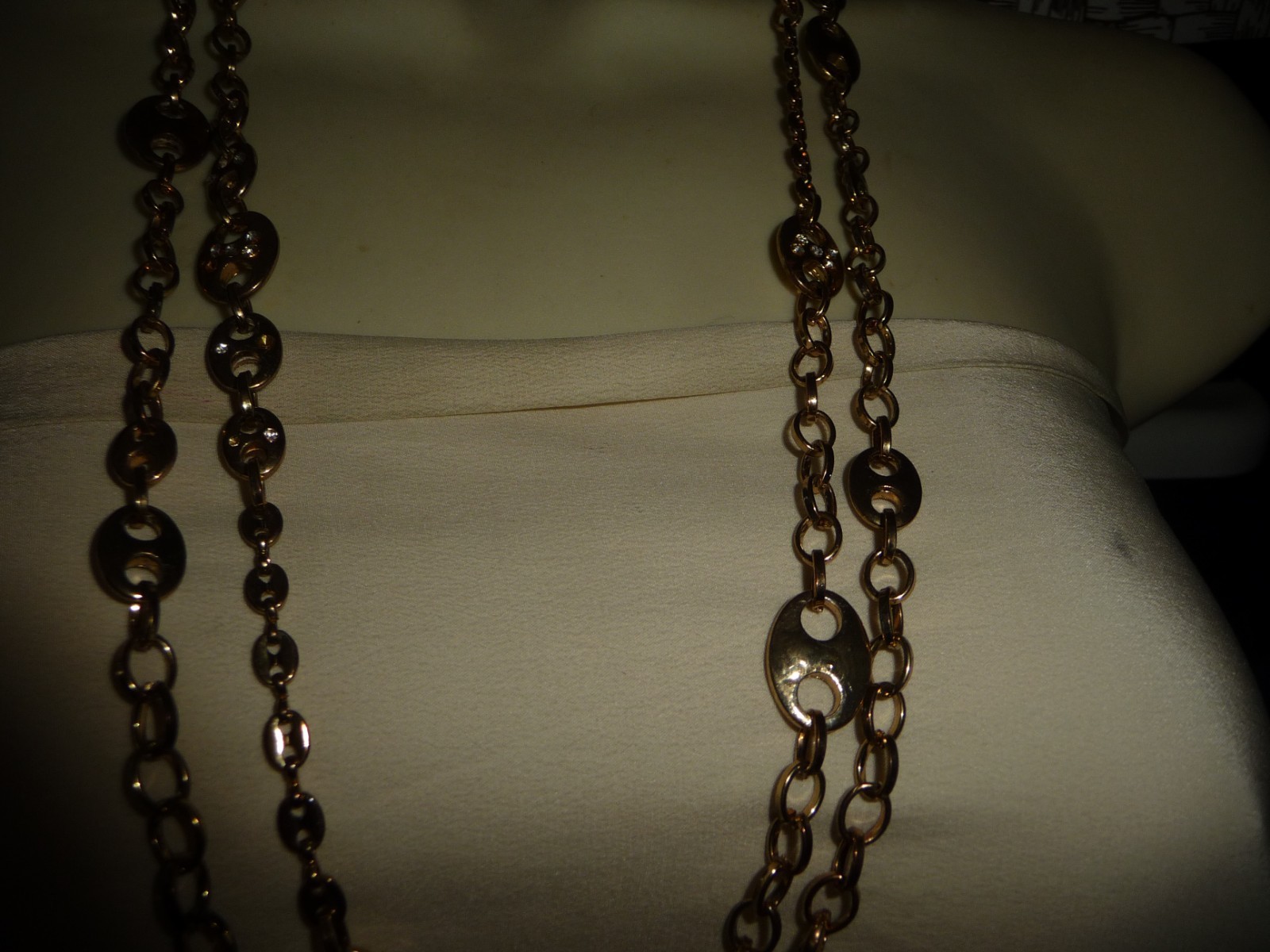 LAYERED 2 STRANDS GOLD TONE CHAIN W DESIGNLINK W RHINESTONES NECKLACE #26/19