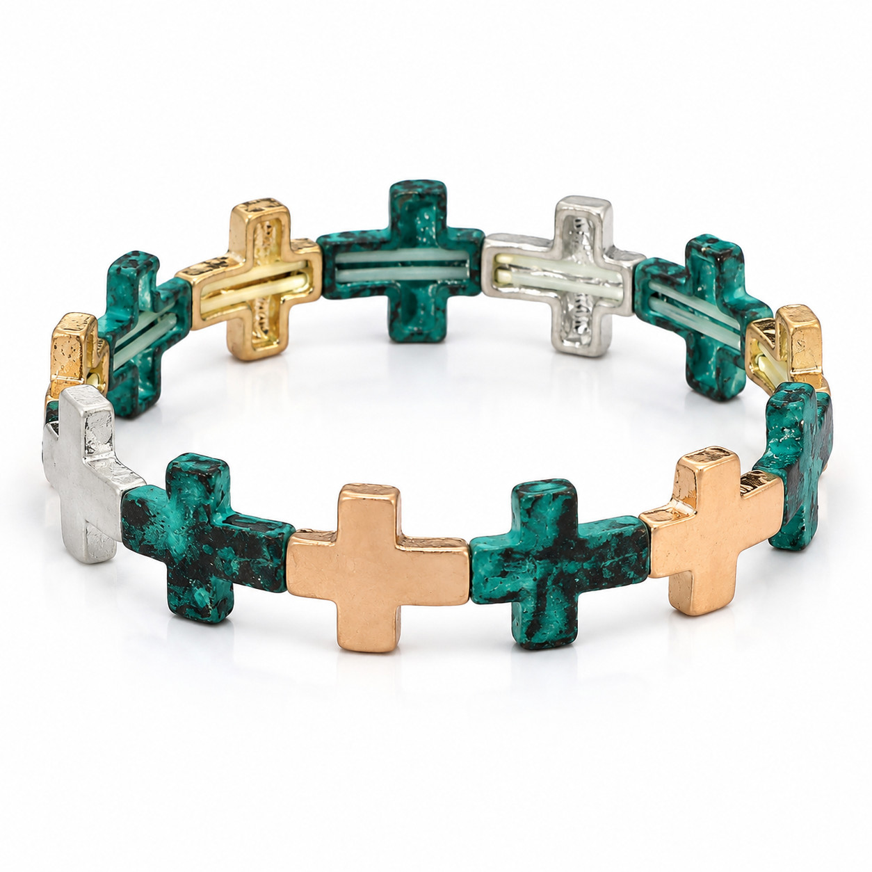 Western Patina Cross Stretch Bracelet Rustic Turquoise Gold Silver Faith Gift