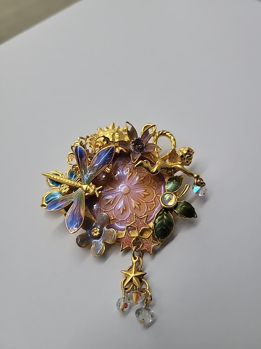 Vintage Kirks Folly Fairy Dragonfly Garden Brooch Iridescent Medallion Retired