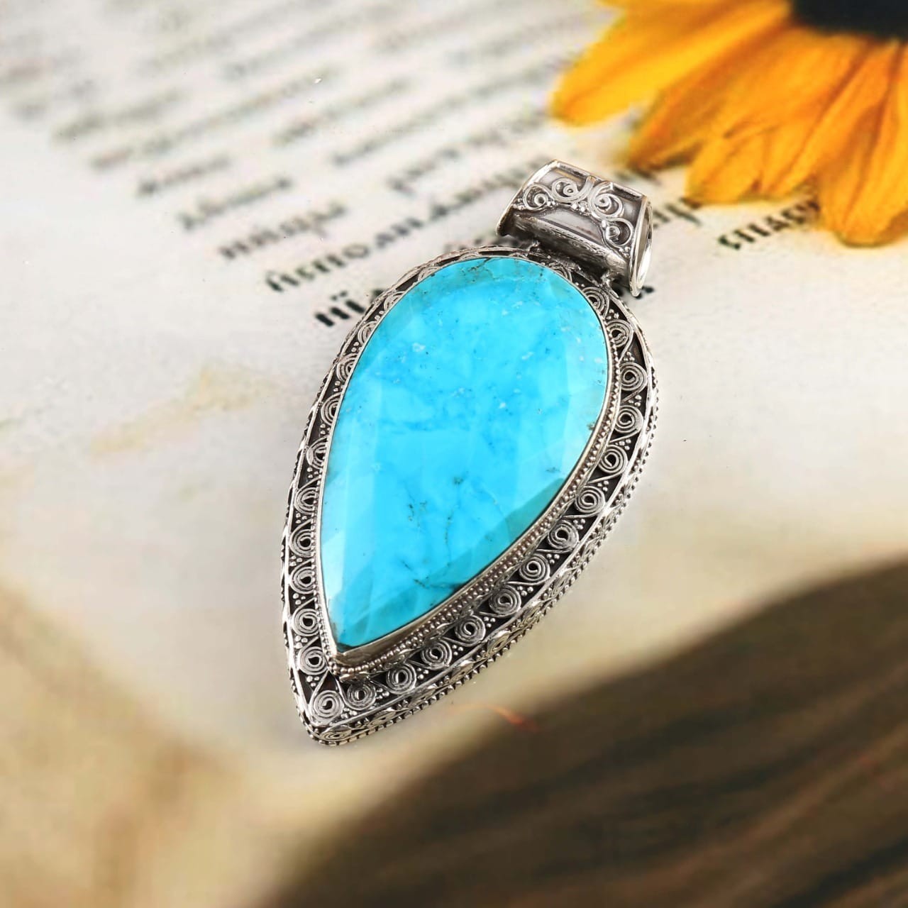 Handmade Magnesite Turquoise Teardrop Pendant, 925 Sterling Silver pendant