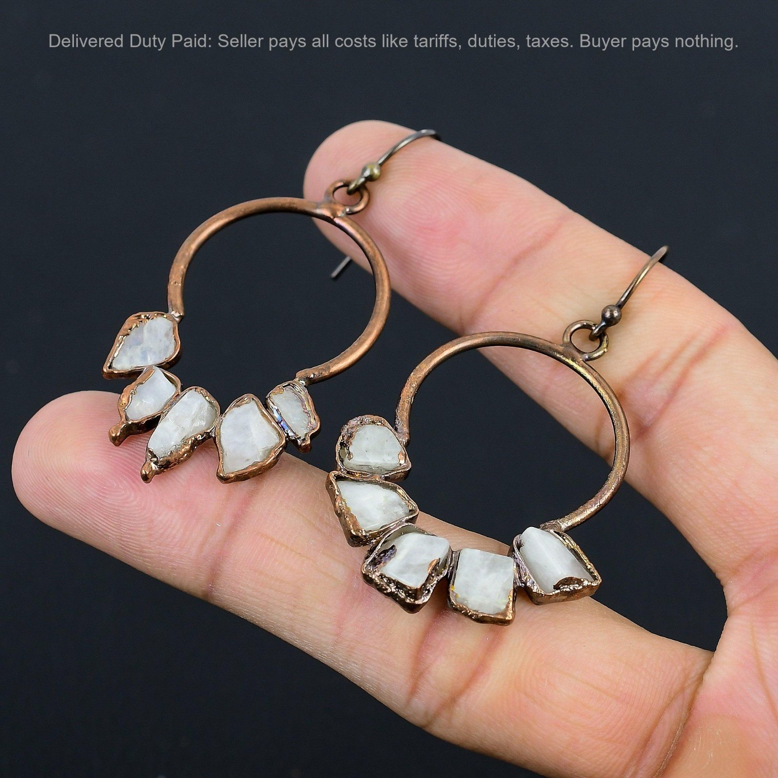 Copper Pentagon Natural Rainbow Moonstone Rough Drop Electroformed Wife Earrings