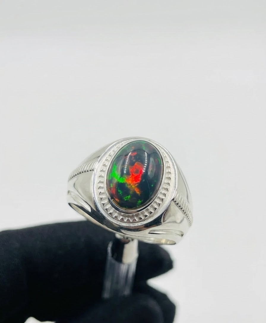 Natural Black Fire Opal Men’s Sterling Silver Ring, Oval Cabochon Statement Ring