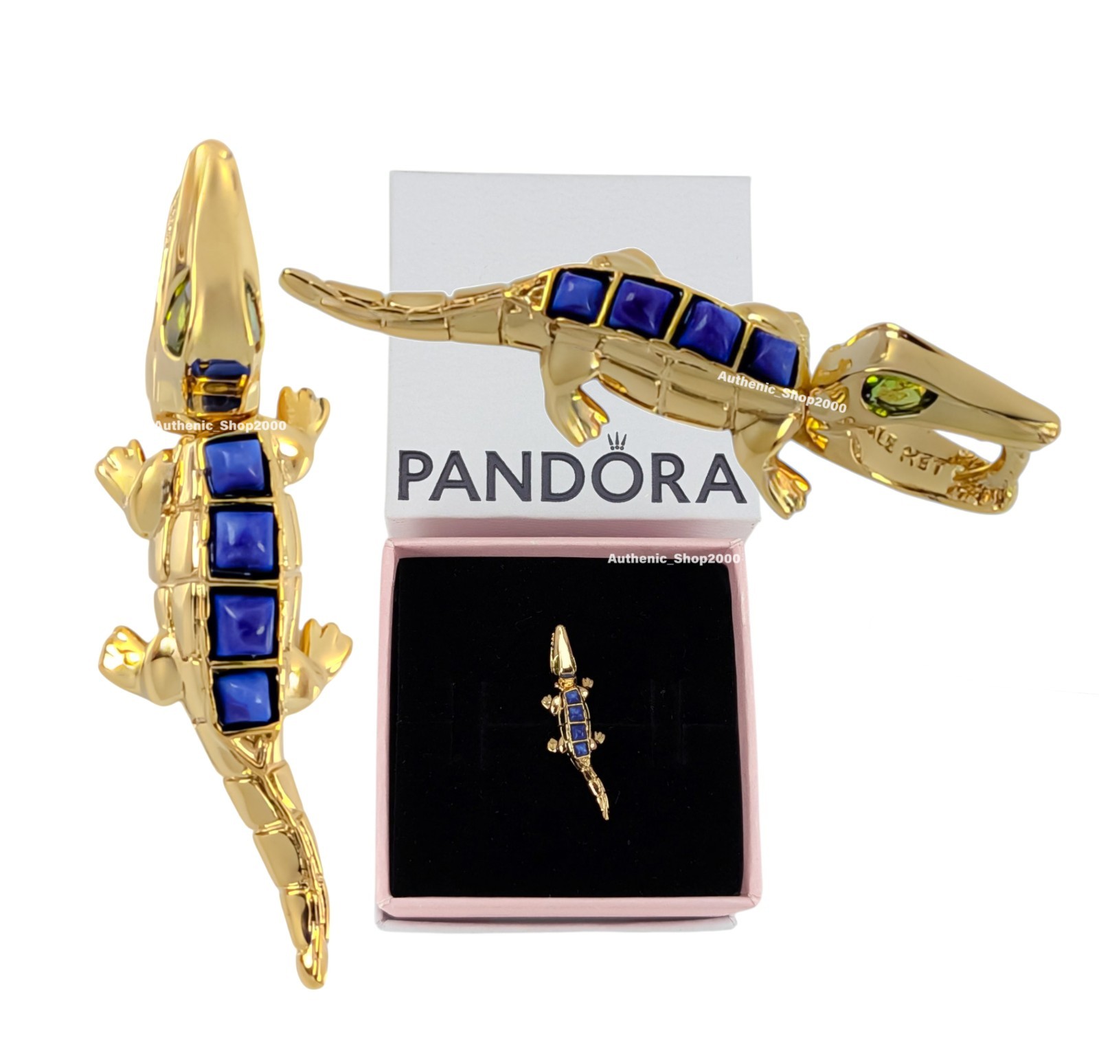 New Authentic PANDORA 14k Gold Pl Blue Body Green Eyes Alligator Charm 764624C01