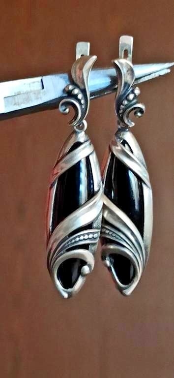 Elegant 925 Sterling Silver Black Onyx Drop Earrings – English lock long 6 cm