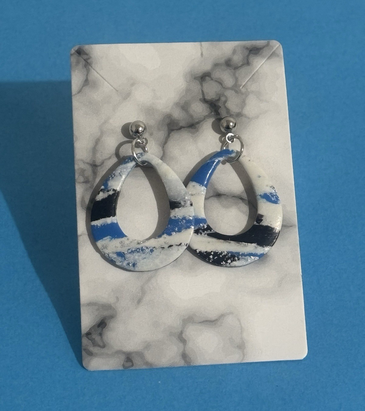 Handmade Blue Black & White Resin Oval Dangle Drop Earrings Silver Flakes
