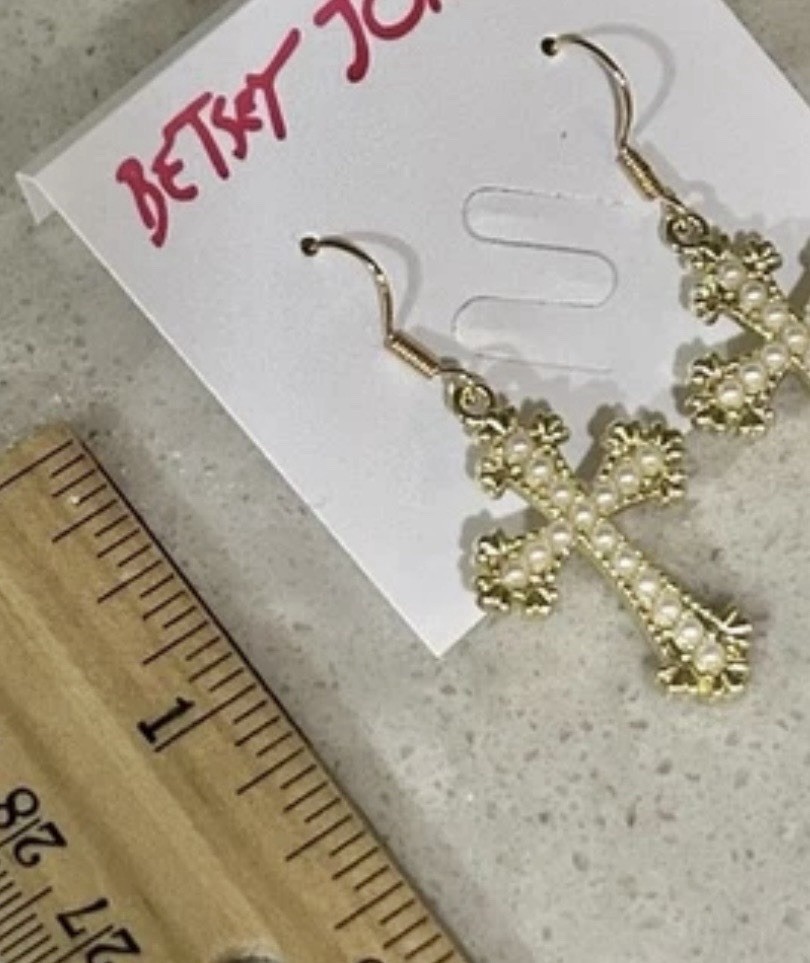 Betsey Johnson Yellow Enamel Crystal Pearl Crucifix Cross Dangle Earrings NWT