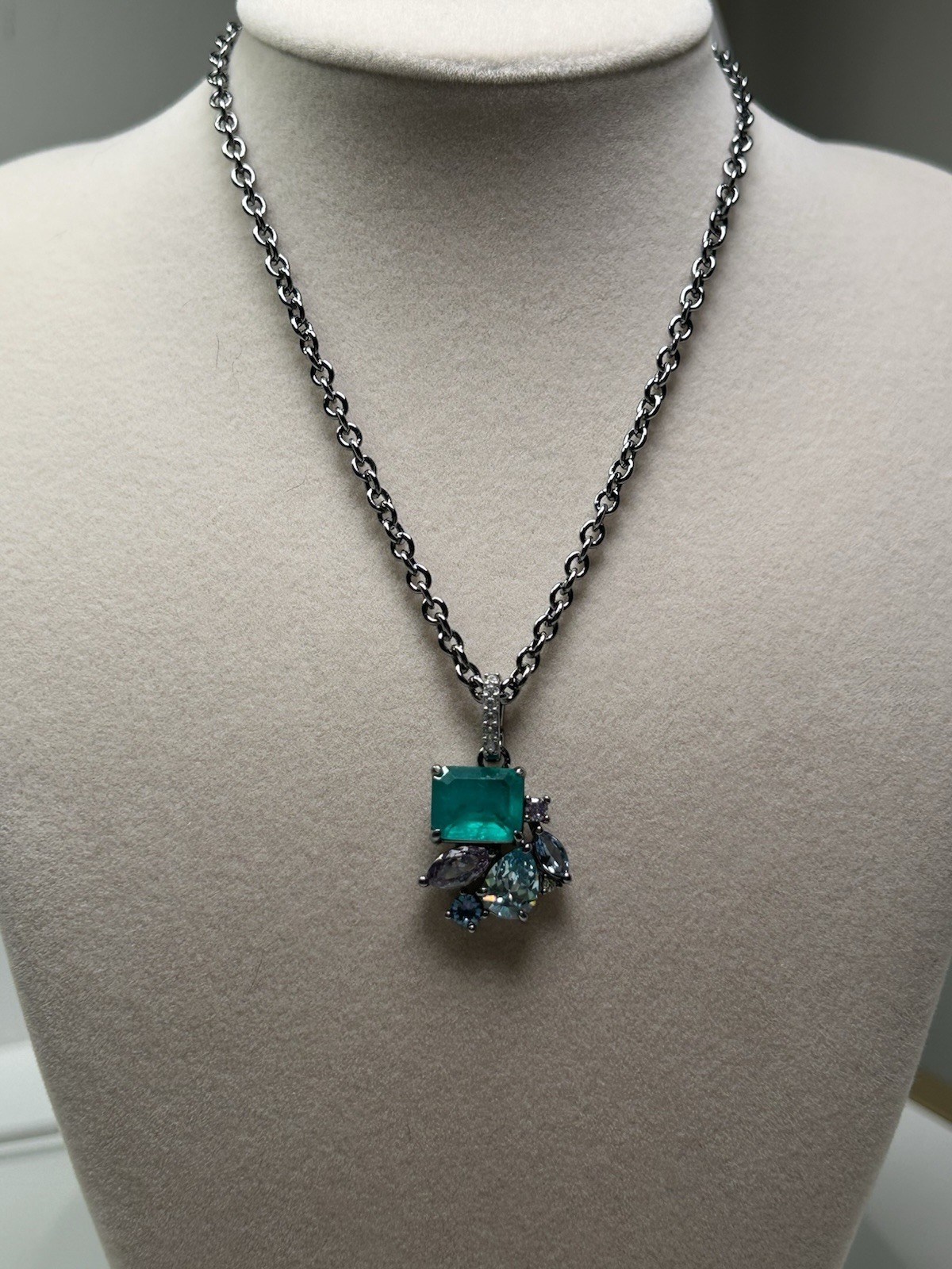Hematite plated Cable Chain Necklace with Green Blue Cluster Rectangular Pendant