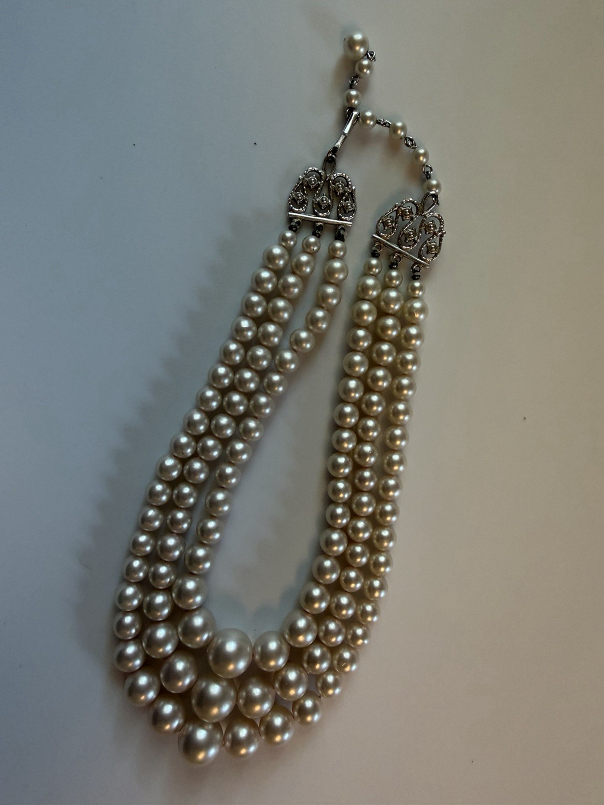 White Faux Pearl Multi-Strand Beaded Statement Necklace 18in, Silver Hook Clasp