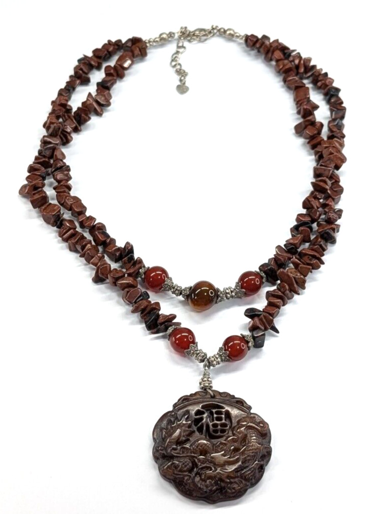 Chinese Carved Dragon Pendant Red Jasper & Carnelian Multi Strand Necklace 20″
