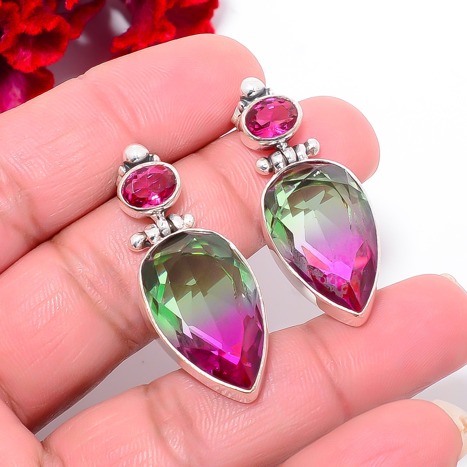 Pink & Green Bi-Colour Tourmaline 925 Silver Earring 1.48″ E10297110641