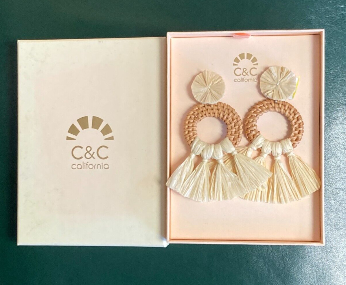 C & C CALIFORNIA Brown & Cream Fringe Stud Earrings New In Box