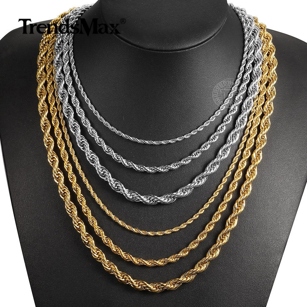 Gold Plated Stainless Steel Rope Chain Necklace 3/5/7mm 16-30″ Choker Men Women