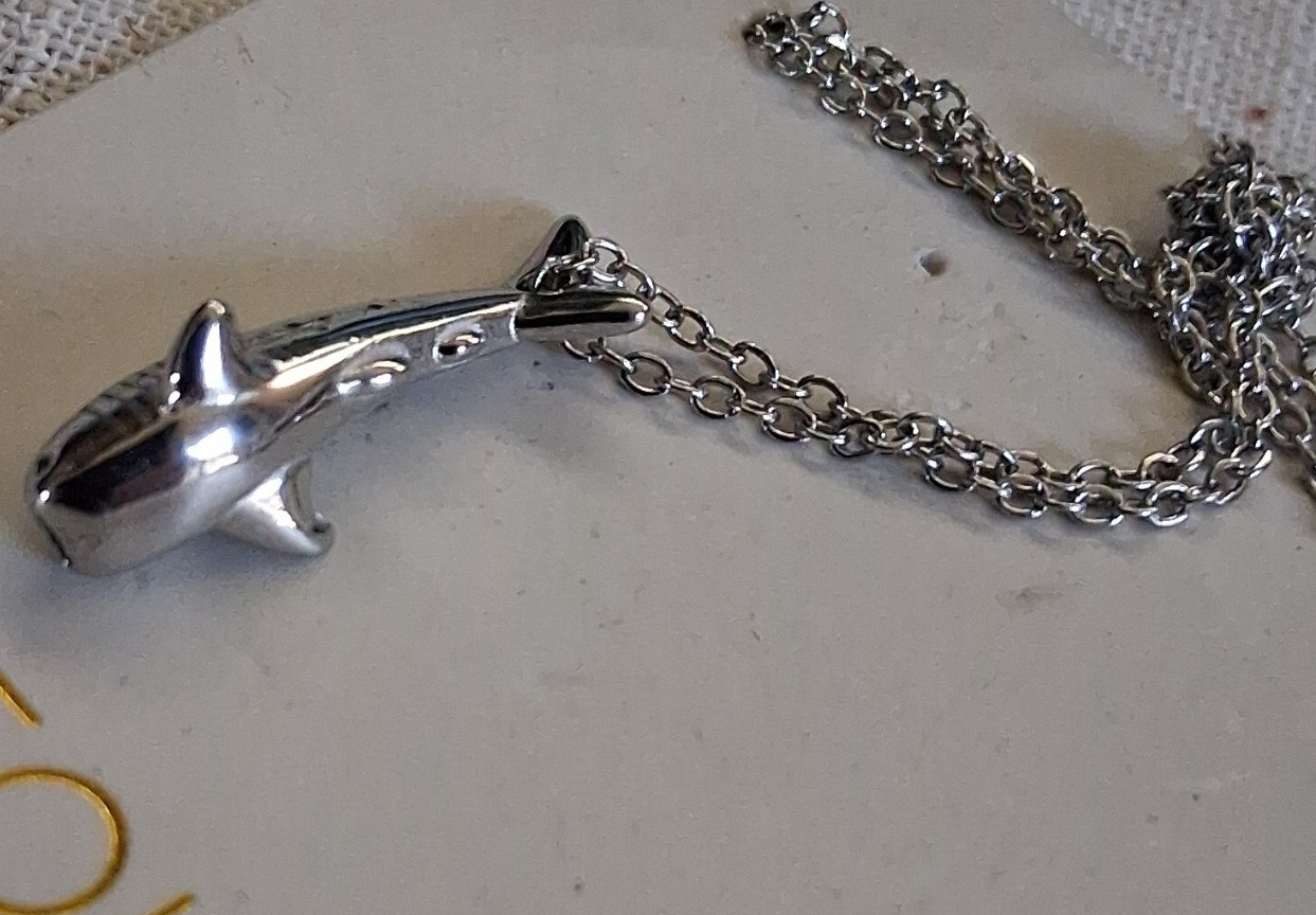 ATOLEA Silver Tone Shark Charm Pendant Necklace, Cable Chain, Signed, 16 In