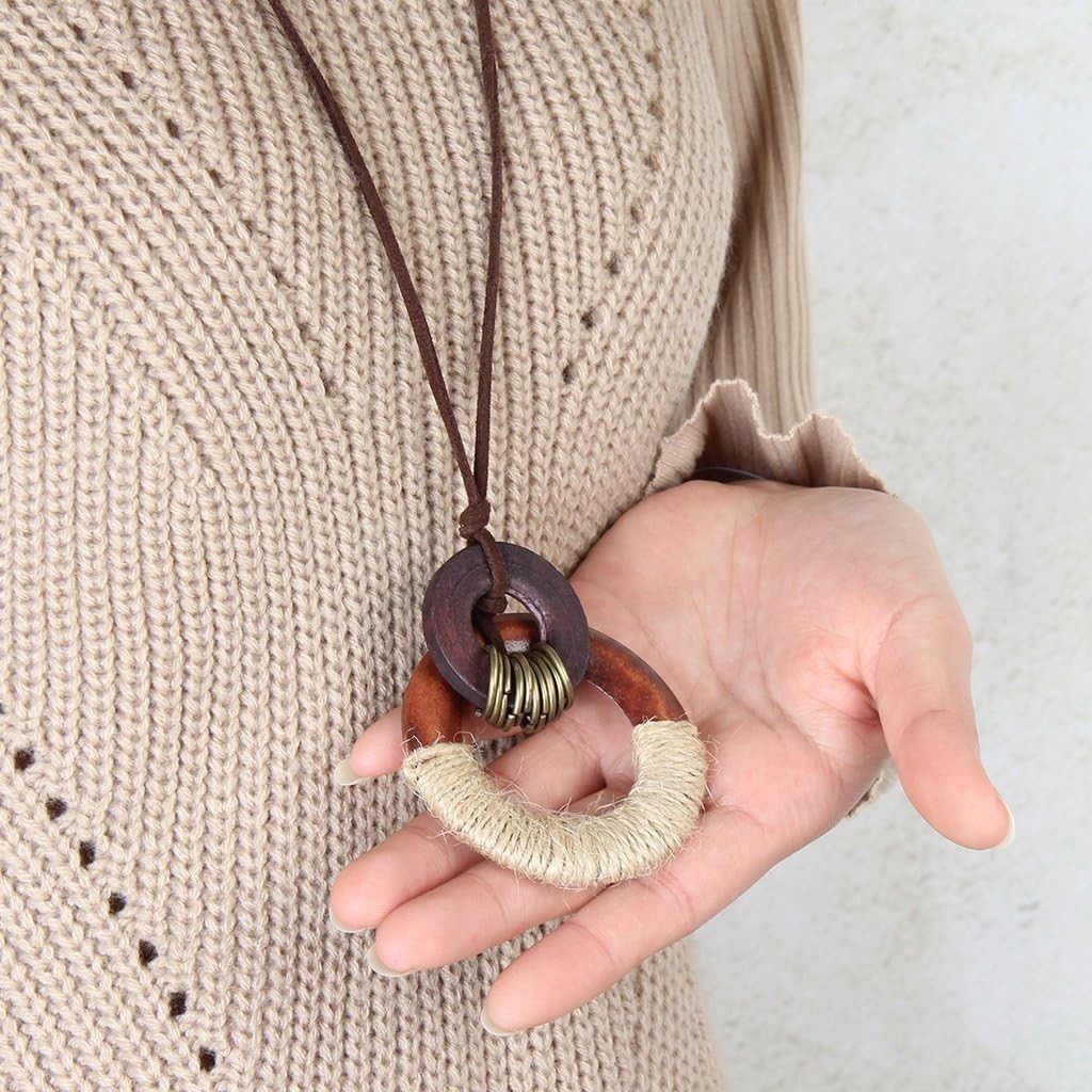 Stylish Leather Cord Multi-Layer Necklace with Wooden Pendant for All Occasions