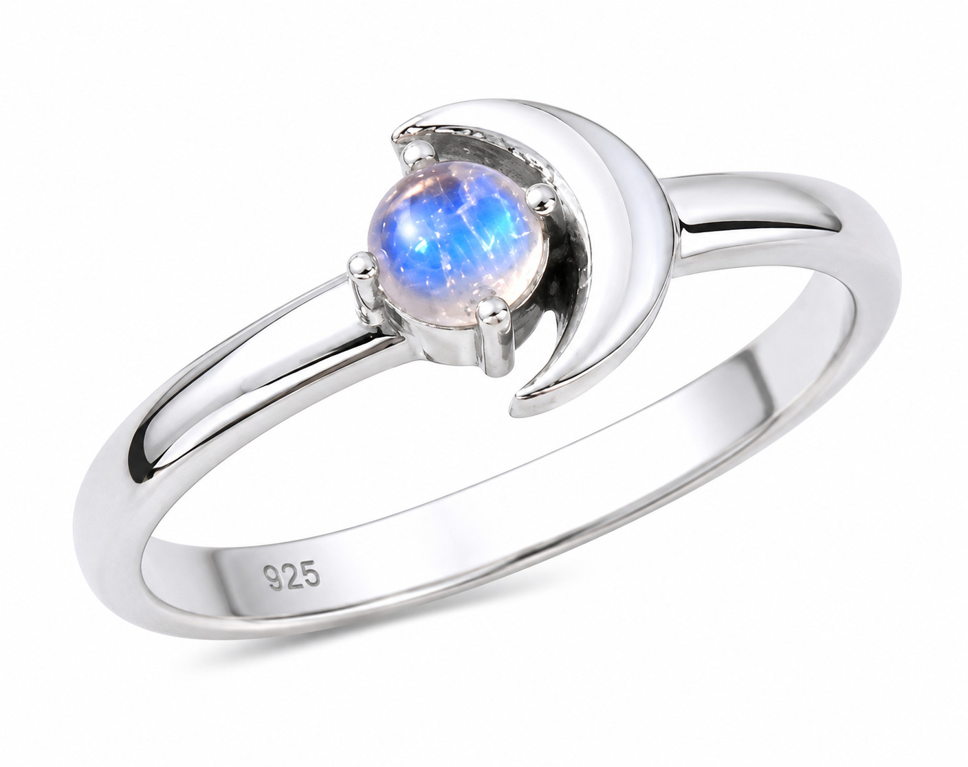 925 Sterling Silver Natural Rainbow Moonstone Crescent Moon Round Ring for Women