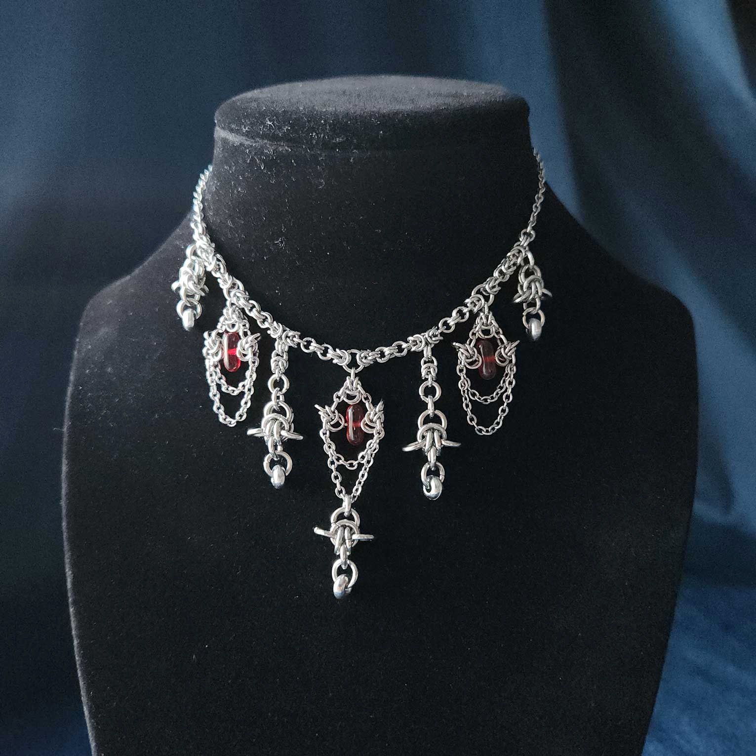 Vintage Victorian Gothic style red & silver stainless steel chandelier necklace