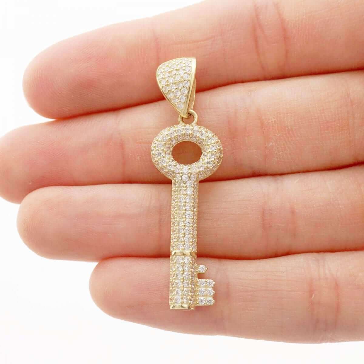 2.50Ct Simulated Diamond Pave Set Key Shaped 10k Yellow Gold Pendant 1.57″