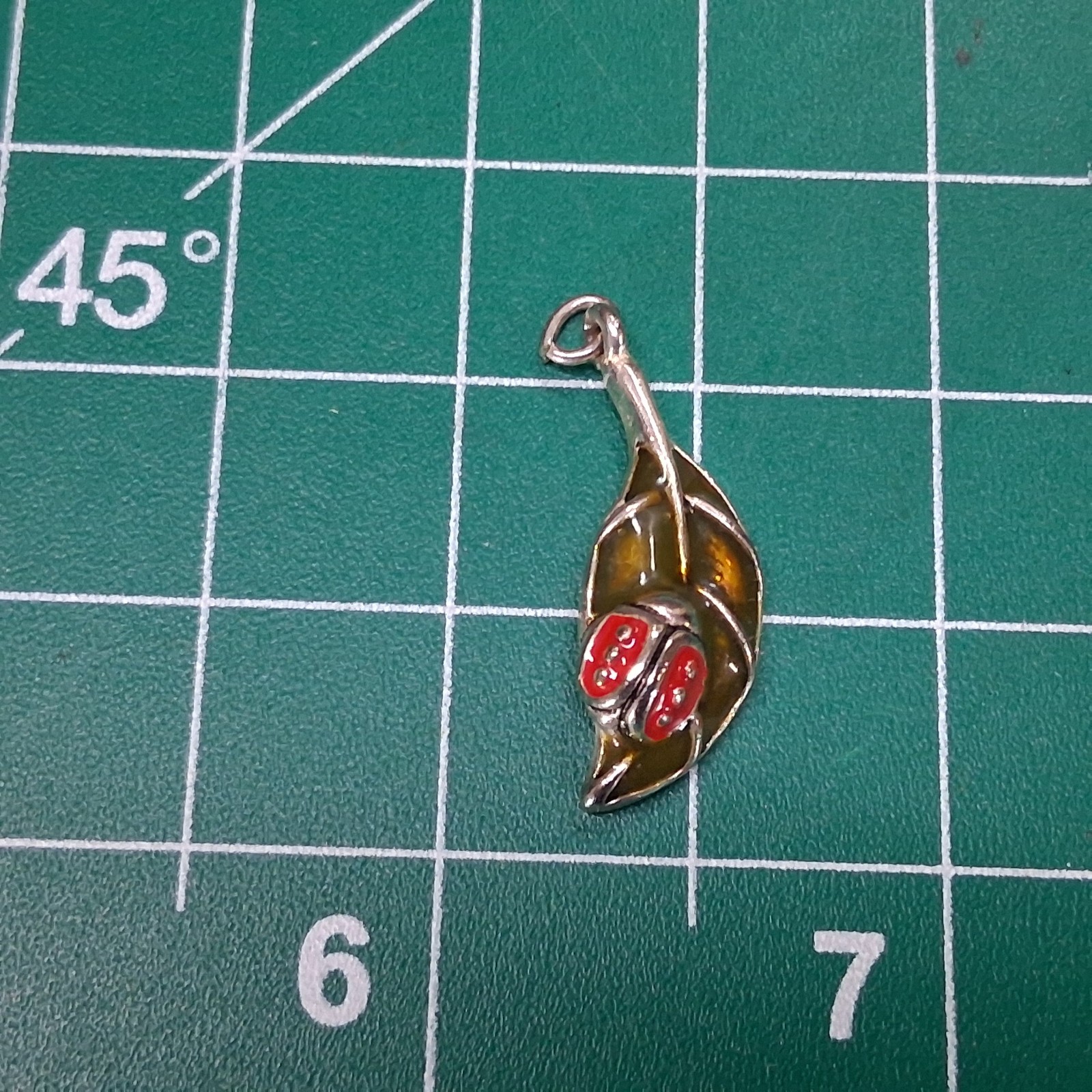 Vintage Red & Green Enamel Lady Bug & Leaf Design Charm