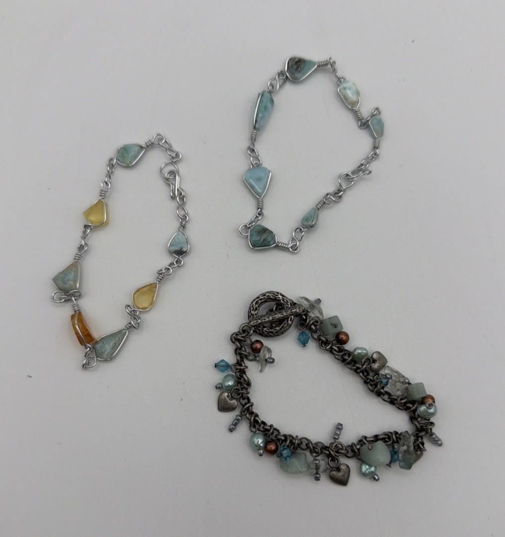 Lot of 3 Artisan Stone Beaded Bracelets Silver Tone Charm Wire Wrapped Boho