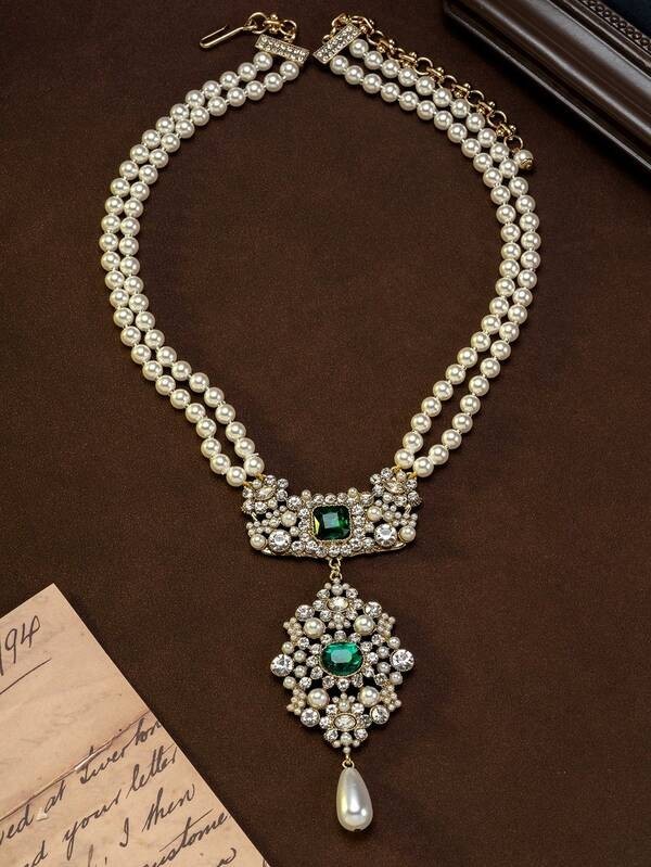 Emerald Green Crystal Pearl Necklace Earrings Set Vintage Bridal Gold Statement
