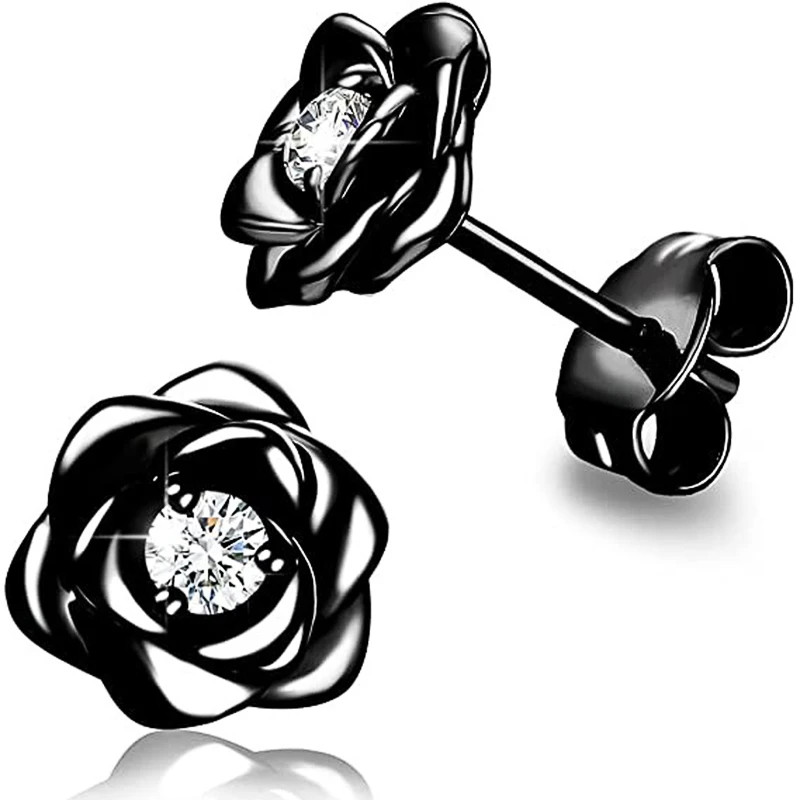 Rose Flower Stud Earrings Sparkling CZ Elegant Dangle Jewelry Women 1 Pair