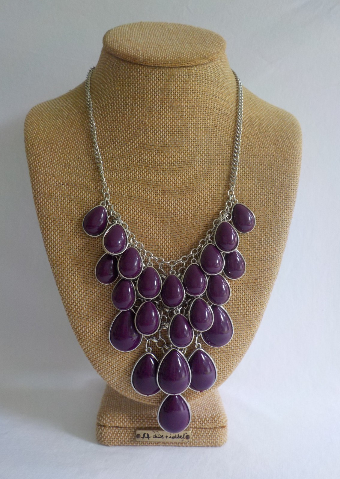 Teardrop Layered Necklace Silver Tone Metal Plastic Plum