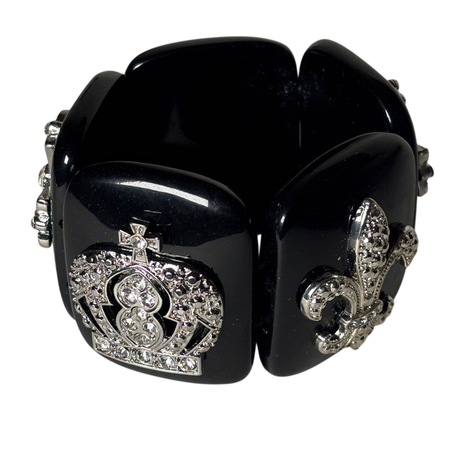 Black Acrylic Bracelet with Silver Cross and Crown Design 2.5”
