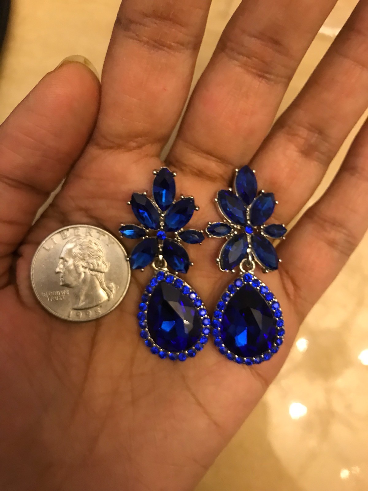 Royal Blue Earrings Silver Dangle Rhinestone Teardrop Crystal Pageant Prom
