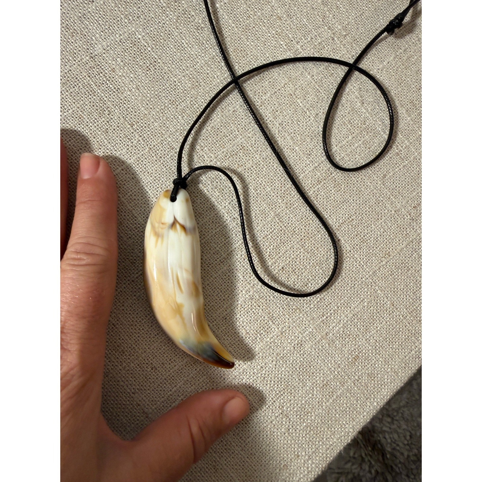 Resin Horn Pendant Necklace Adjustable Black Cord Marbled Faux Tusk Boho Cream