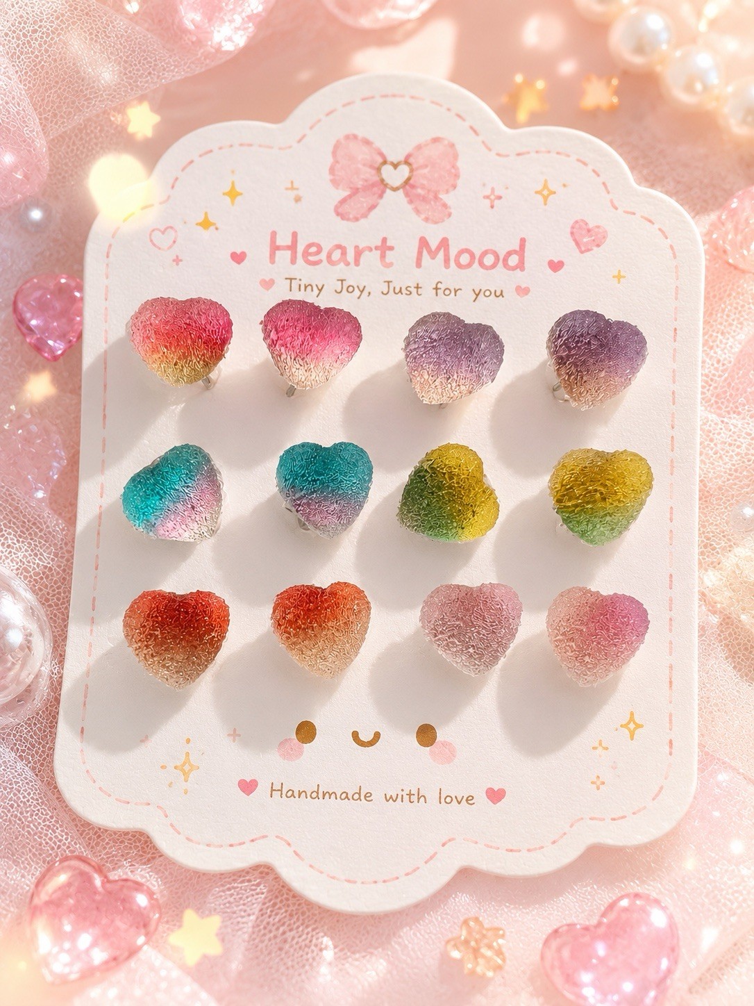 Handmade Heart Resin Stud Earrings set (6 pairs) |coarse/frosted surface texture