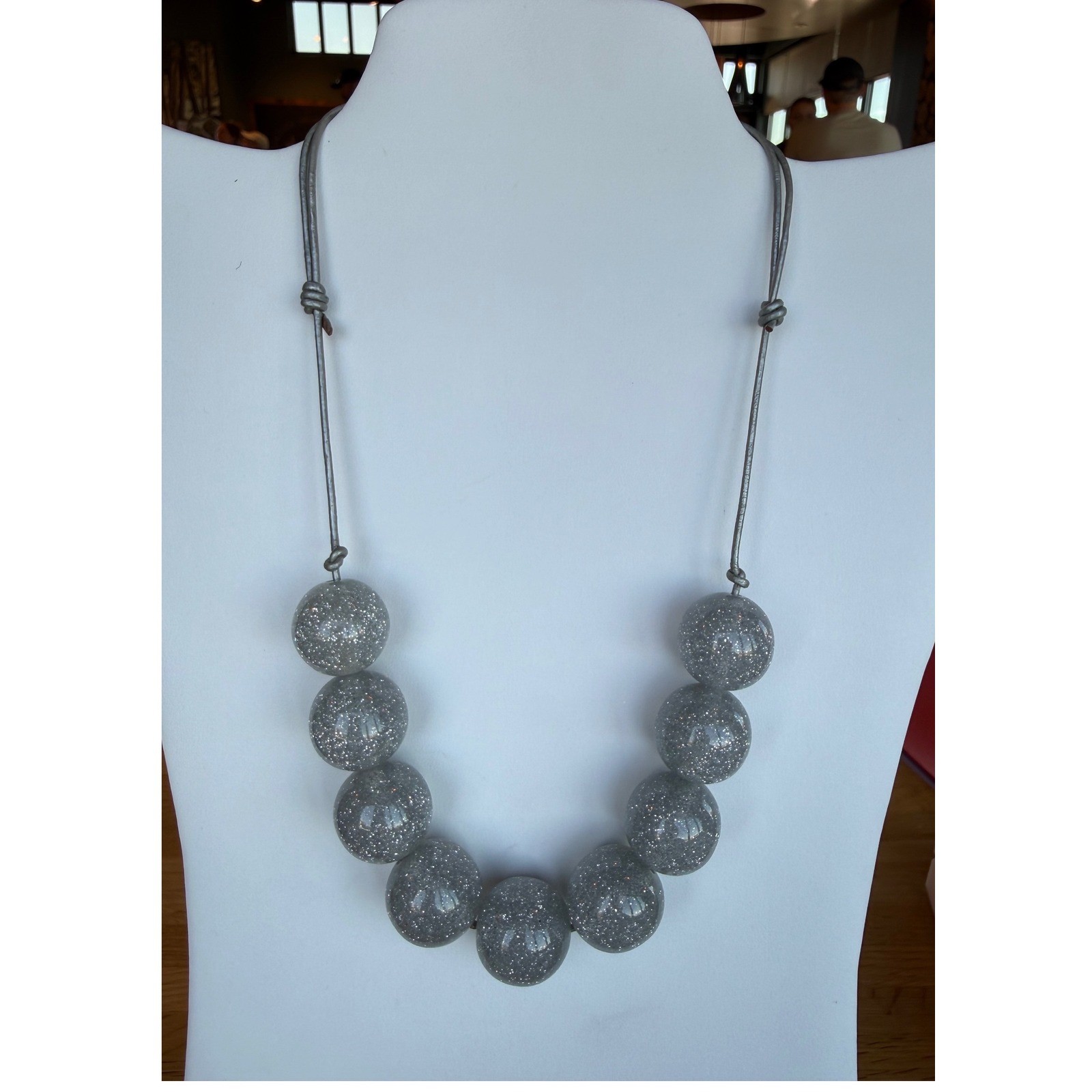 Silver Glitter Bubble Bead Necklace Gray Resin Acrylic Chunky Arty Rave Glitter