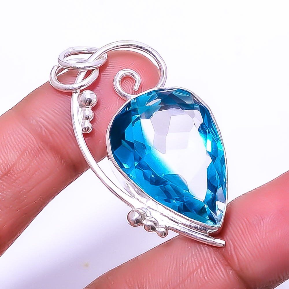 Bi-Colour Blue Topaz Designer Handmade 925 Sterling Silver Pendant 1.72″ P64