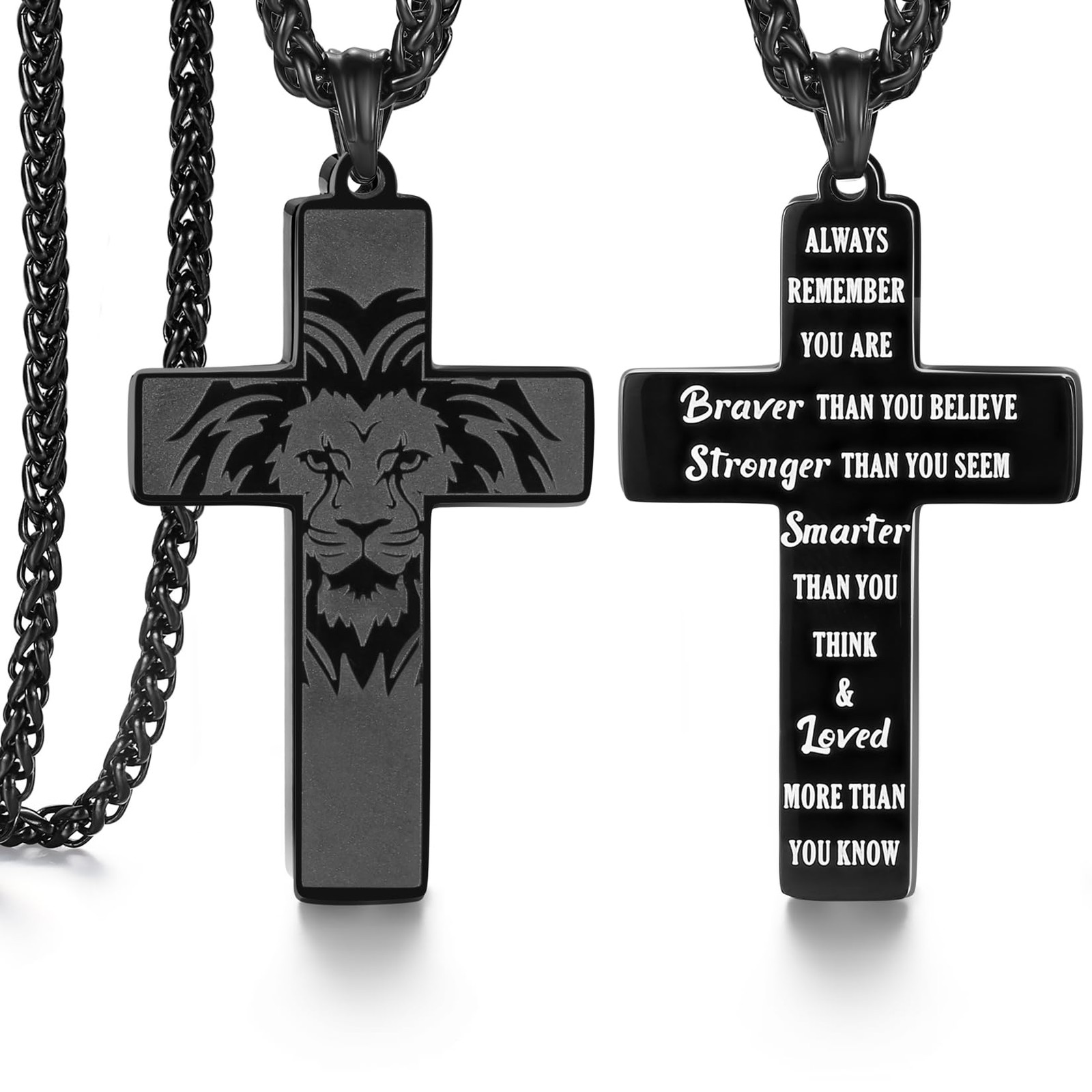 Strength and Faith Gifts for Him-Masculine Cross Necklace-Bold Lion Head