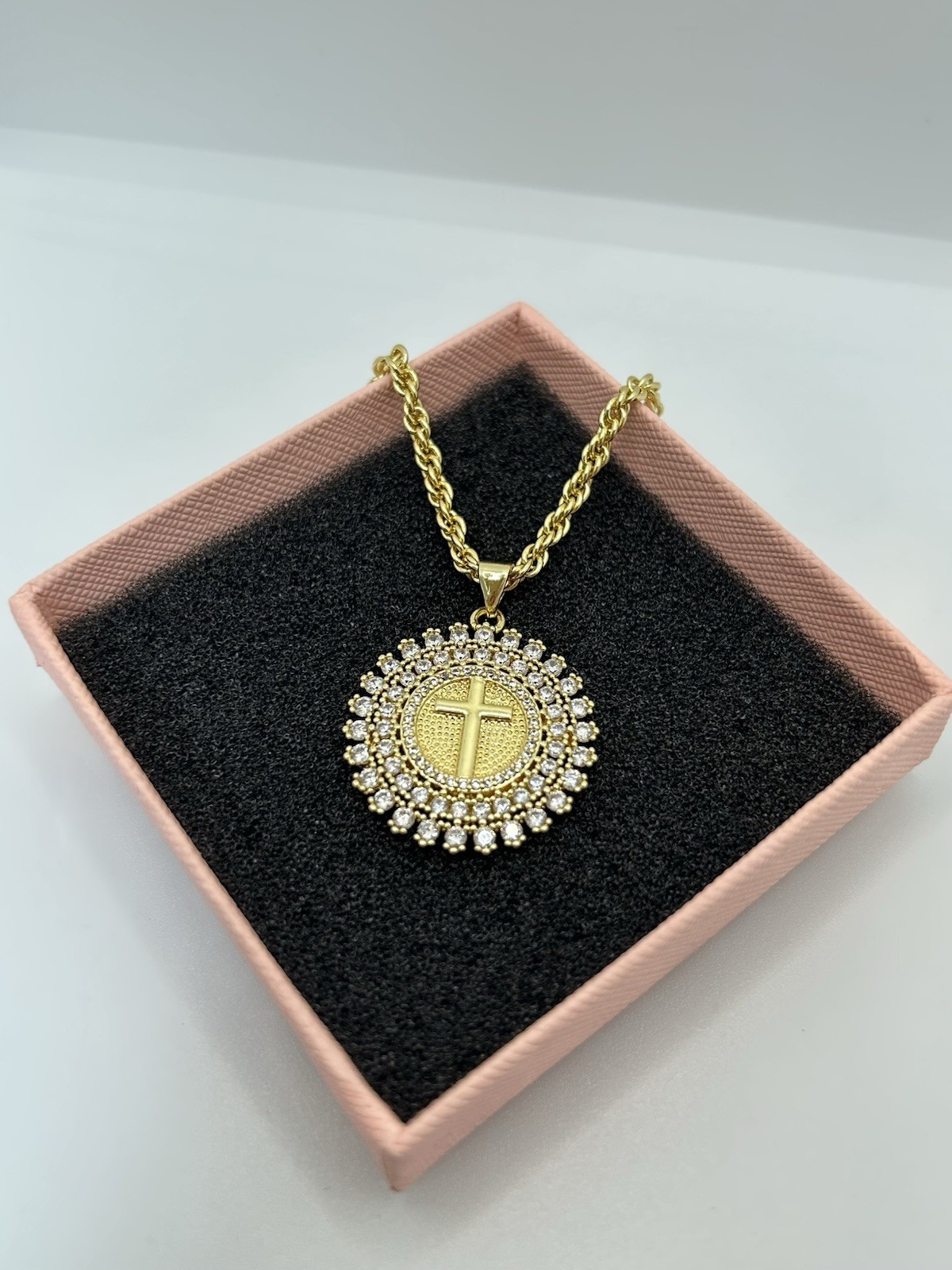 9ct GF Round Medallion Cross Pendant Necklace – 55cm (22”) 9K Gold Filled CZ