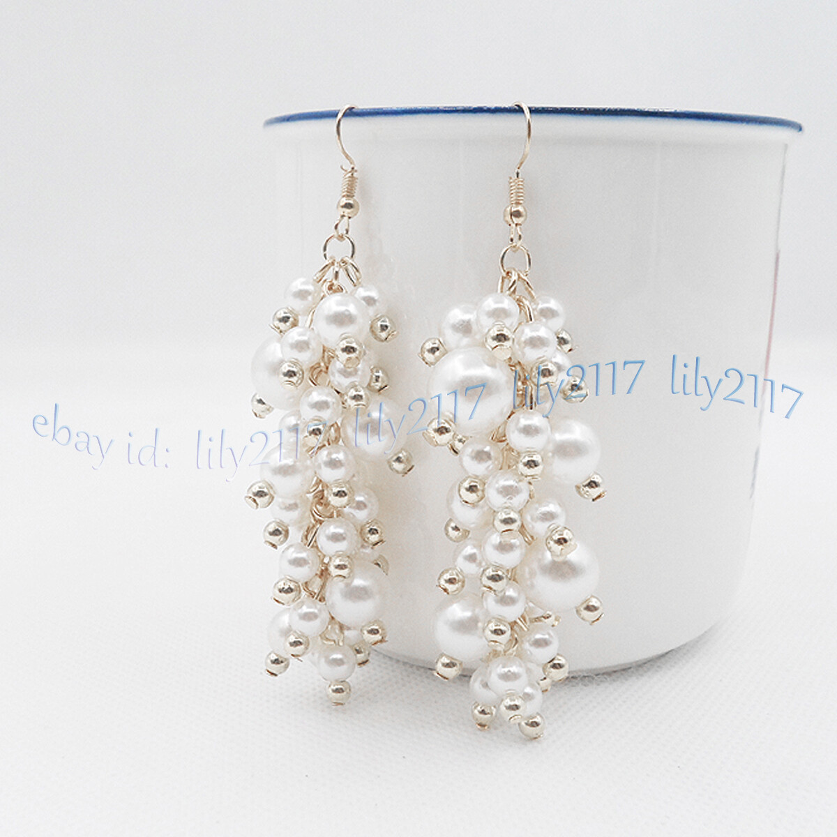 6-12mm South Sea White Shell Pearl Round Beads Grape Dangle Silver Hook Earrings