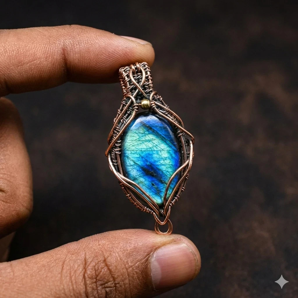 Labradorite Wire Wrapped Pendant Handcrafted Copper Ethnic Gift 2.36″